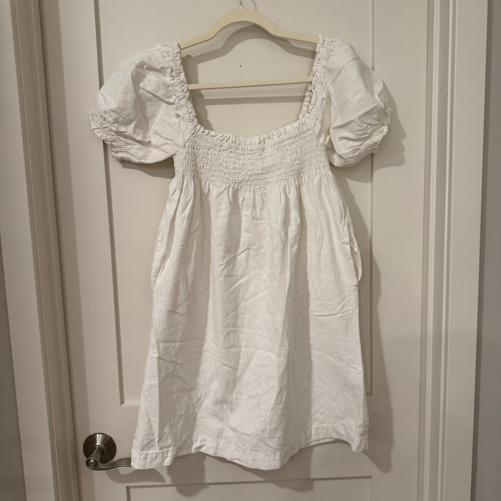 Faherty White Organic Cotton Smocked Puff Sleeve Mini Dress WDU2238-EGR Small